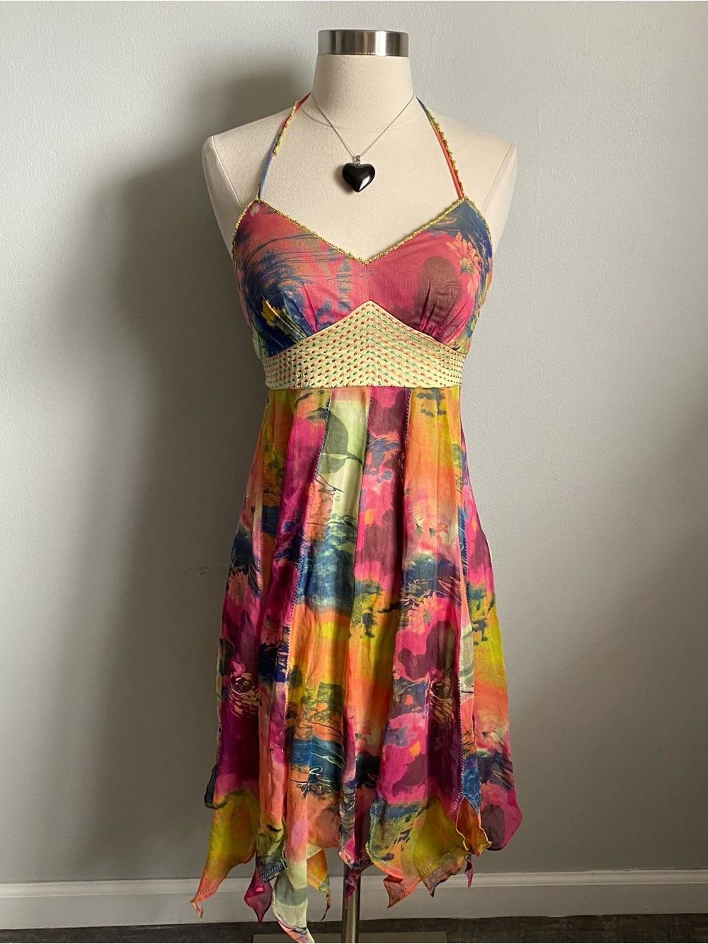 Vintage Y2K Sue Wong Fairy rainbow silk asymmetrical halter dress